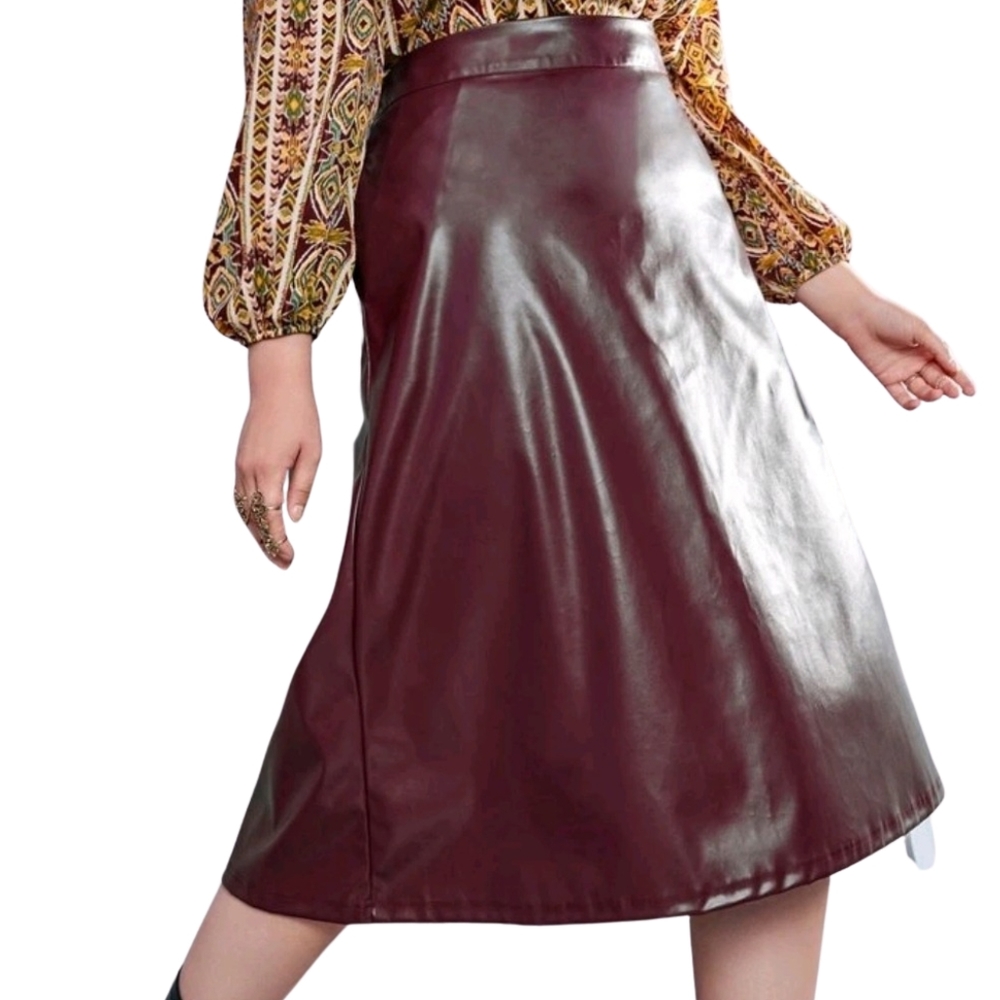 Burgundy Leather  (PU) High Waist Skirt